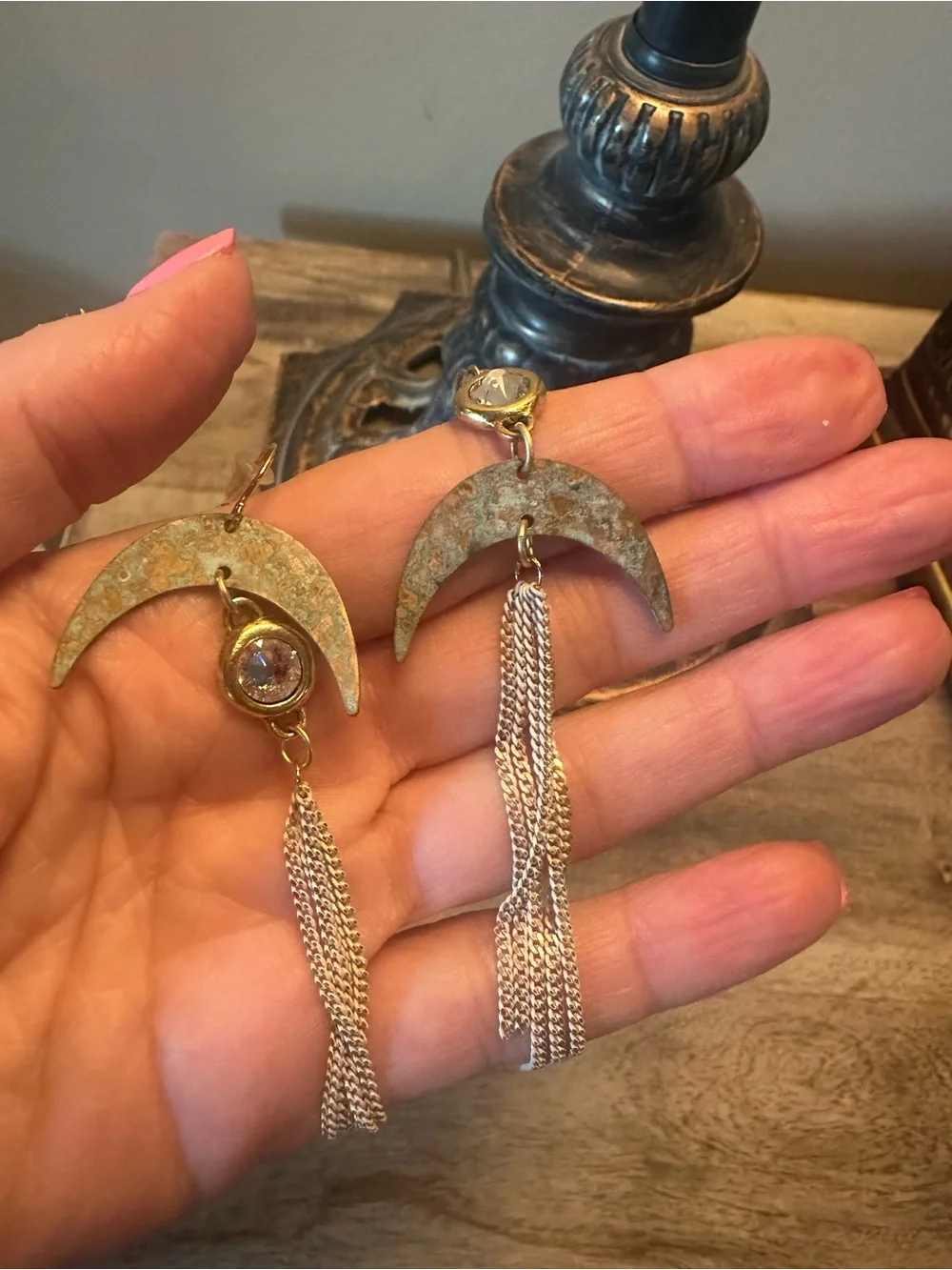 Gold and Silver Crescent Drop Earrings with Crystal Accent